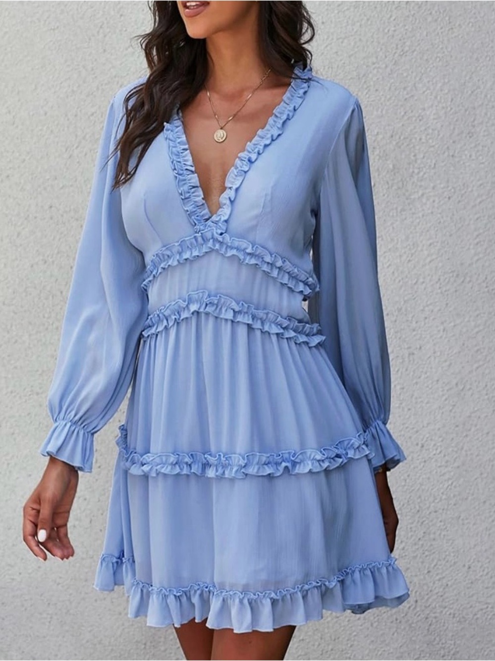 Light Blue Ruffle V-Neck Mini Dress